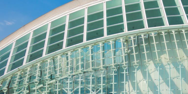 Hemisfèric IMAX theatre in Valencia, Spain. Modern building with an ovoid roof designed by Santiago Calatrava, plus an IMAX & 3D cinema.