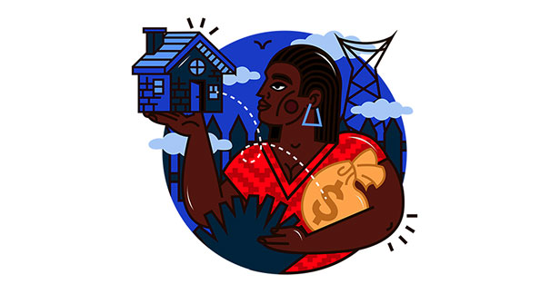 A cartoon illustration of an African woman with a miniature house in hand while carrying claims money, representing her house’s financial protection.