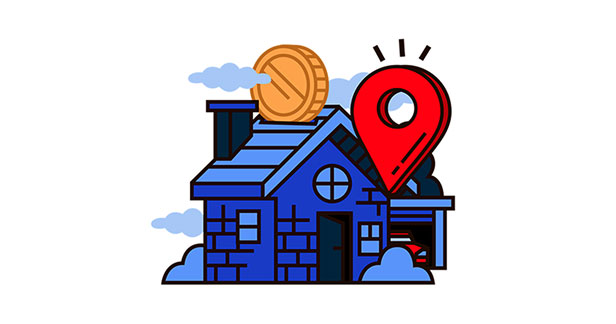 A cartoon illustration of a house, its contents and location, representing factors contributing towards the cost of home insurance premiums.