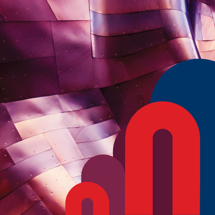 Abstract architectural structure with metallic, curved panels in soft lighting, overlaid with red and purple graphic elements.