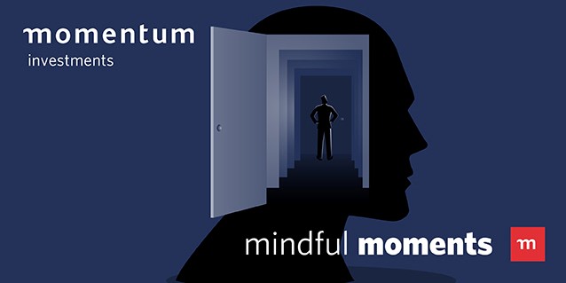 Momentum Investments banner for the Mindful Moments event depicting a graphic of a person inside a head as that person stands in front of an open door and stairway.
