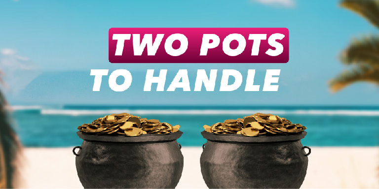 Movie poster for Momentum Corporates’ ‘Two Pots to Handle’ which features two big black pots filled to the brim with gold coins against the backdrop of the beach.