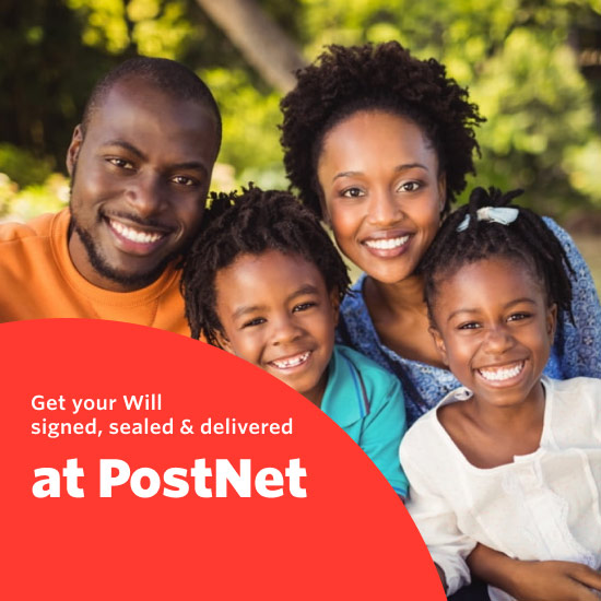 A young African family consisting of a couple and their two children in an outdoor portrait, overlayed by a promotional message announcing the PostNet and Momentum Trust partnership.