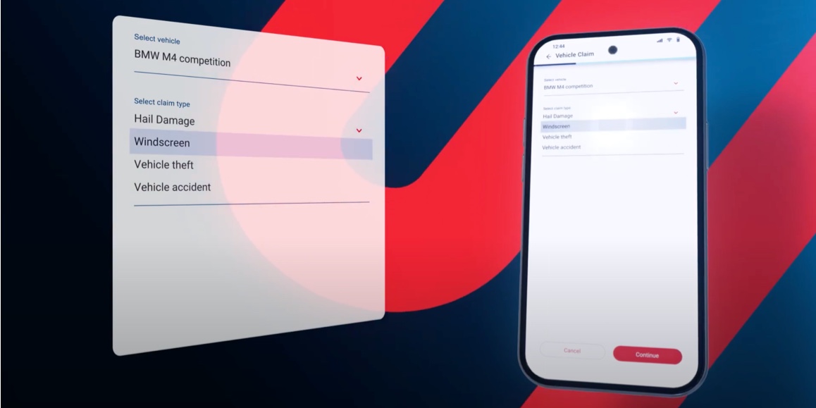 The Momentum App interface for submitting a vehicle claim, showing options to select a vehicle and claim type. To its right is a smartphone displaying the 'Continue' button to proceed with the claim submission. The background has Momentum’s red and blue branding.