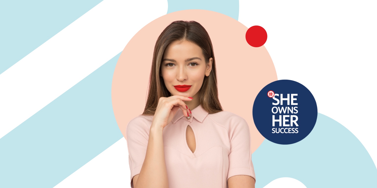 #SheOwnsHerSuccess. A confident young female professional with bold lipstick smiling ahead, overlayed with Momentum branding.